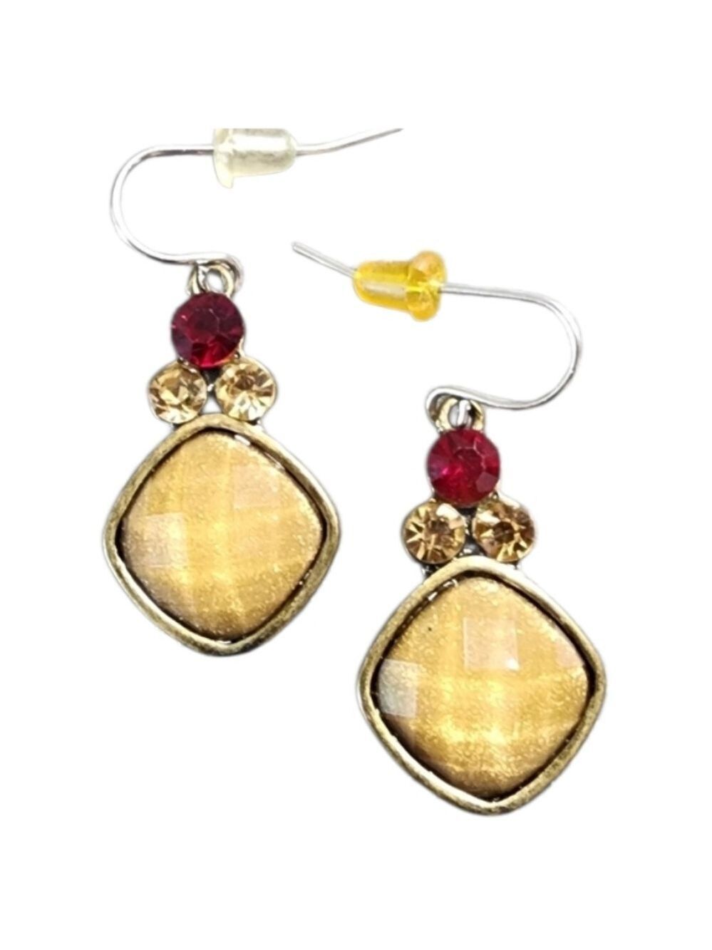 Vintage Goldtone Red Dangle Earrings Textured Stone